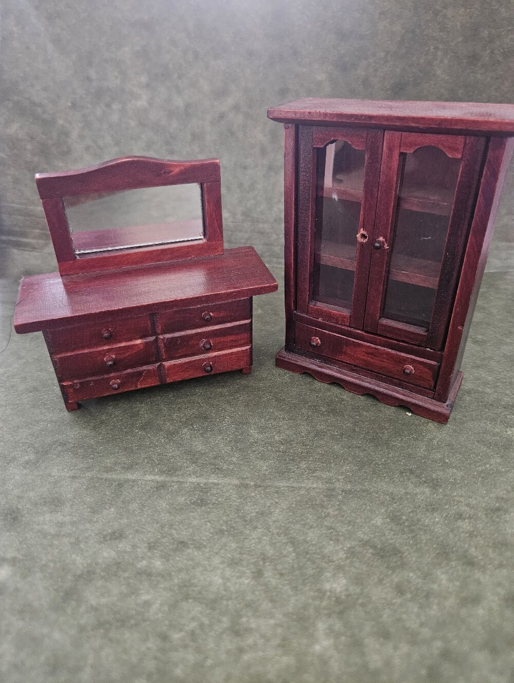 Handcrafted Miniature Dresser and Cabinet Set - Deep Mahogany Finish